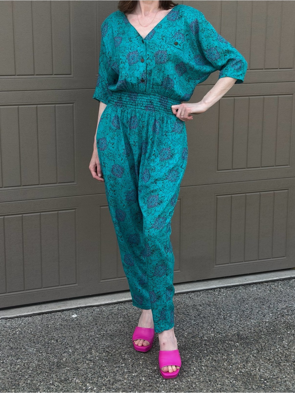 Enfocus Studio Teal Mandala Print Jumpsuit Made in USA Rayon Boho Vintage